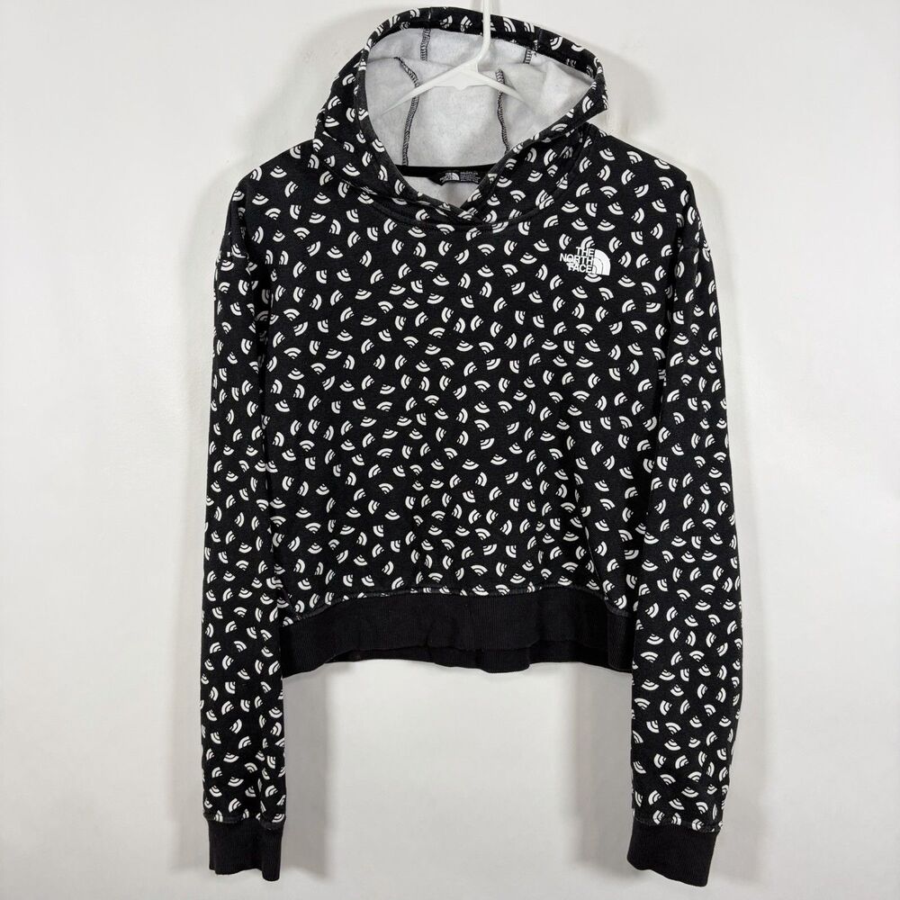 The North Face Cropped Hoodie Youth Girls Size XXL 2XL Black White Logo AOP